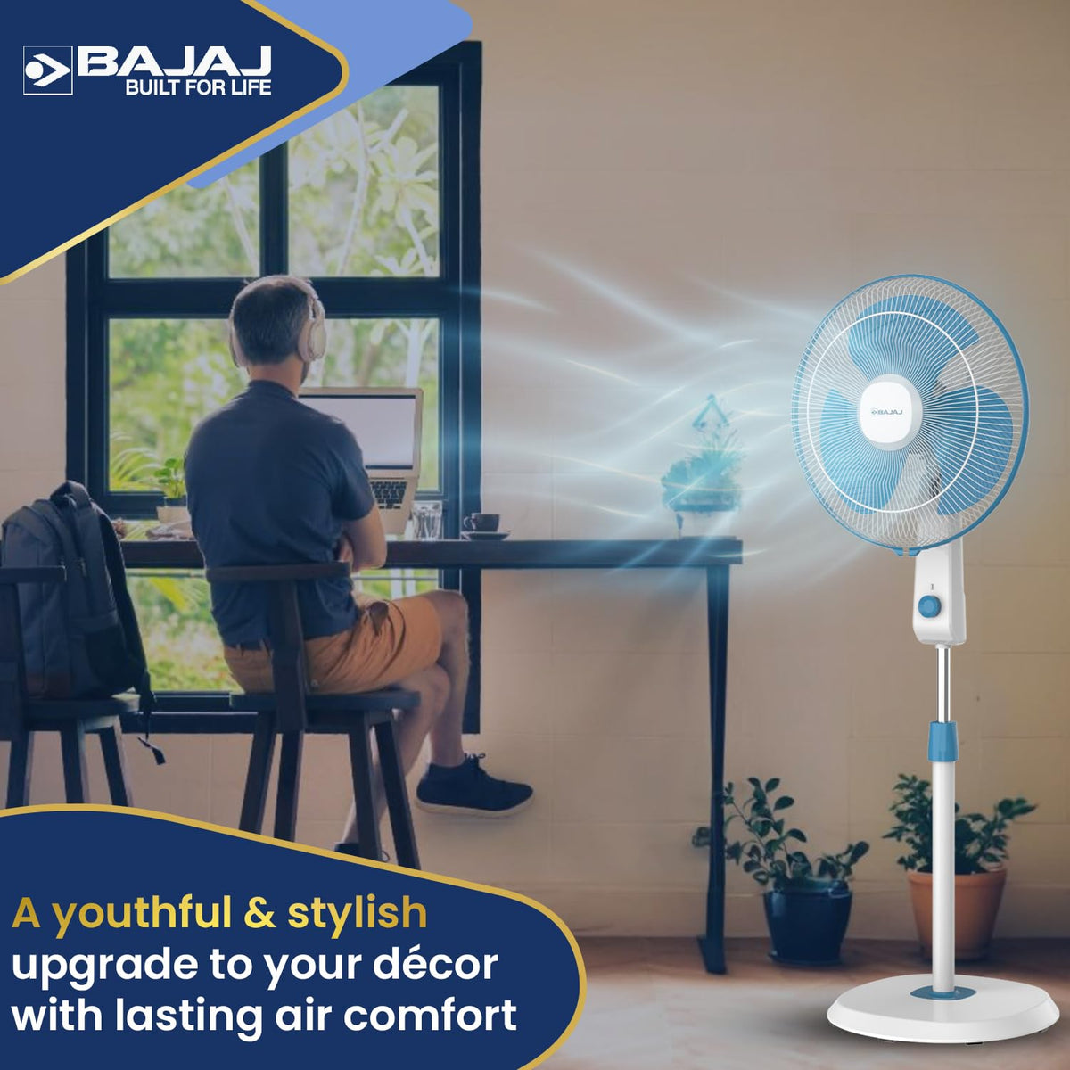 Bajaj Shield Series Robusto High Speed 400mm Pedestal Fan for Home | DuraStorm Technology | Surge Protection | 100% Copper Motor | High Air Delivery | 3 Years Warranty 【Blue & White】