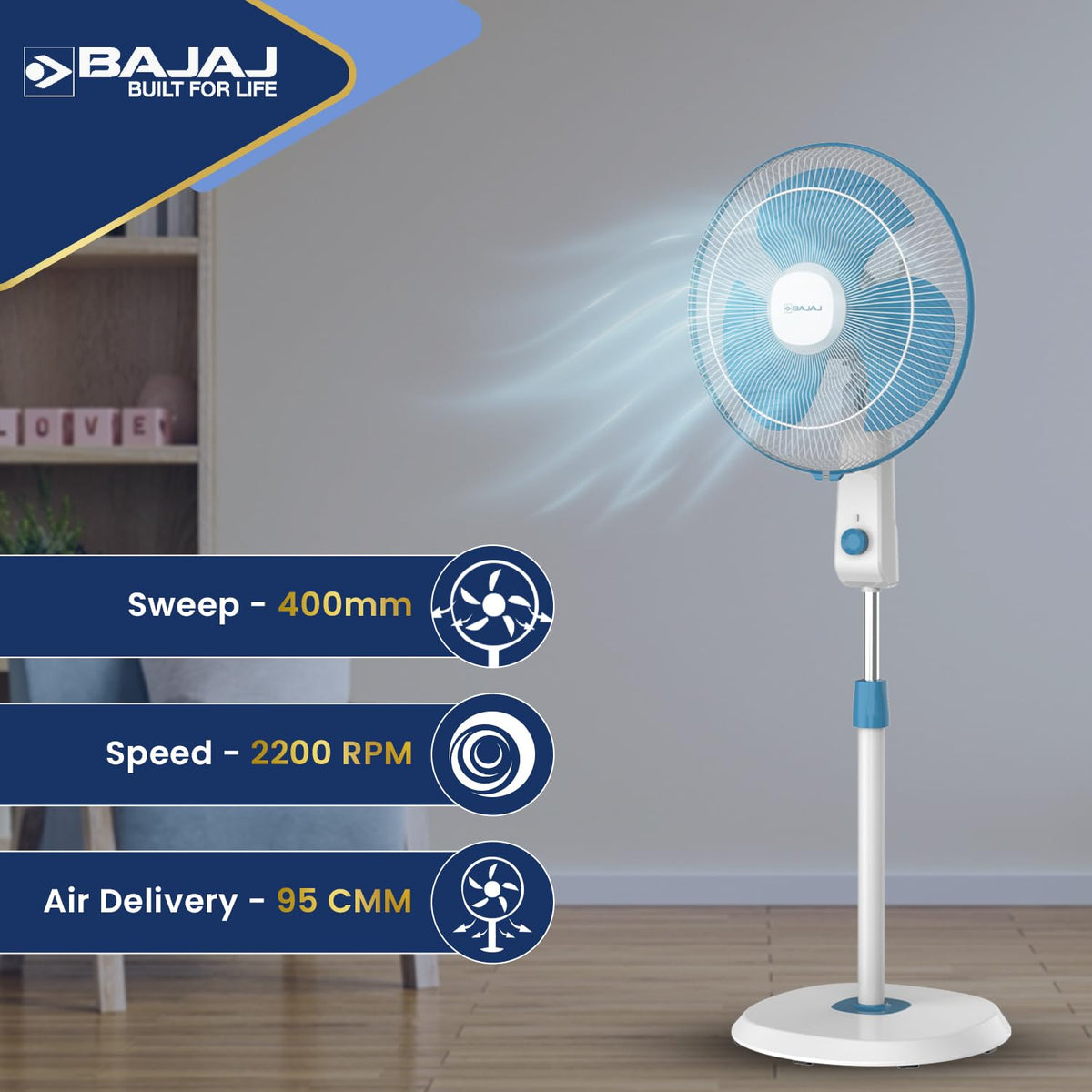 Bajaj Shield Series Robusto High Speed 400mm Pedestal Fan for Home | DuraStorm Technology | Surge Protection | 100% Copper Motor | High Air Delivery | 3 Years Warranty 【Blue & White】