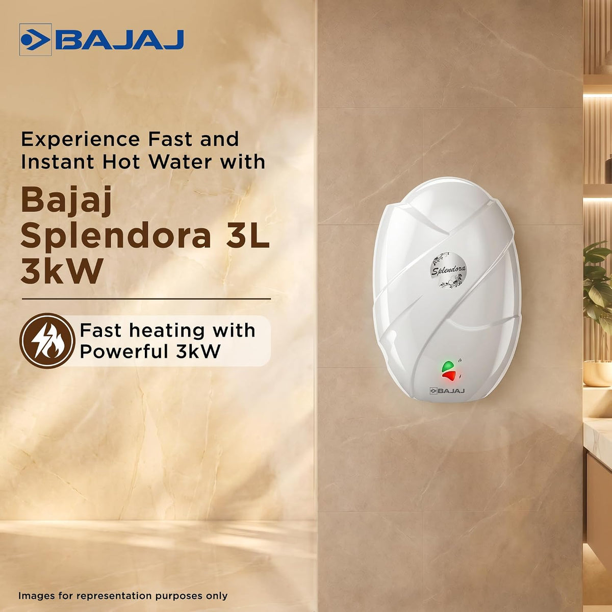 Bajaj Splendora 3L 3KW Vertical Instant Water Heater for Home | Geyser for Bathroom & Kitchen | High Grade SS Tank | Copper Heating Element | 5 Years Tank Warranty by Bajaj【White】