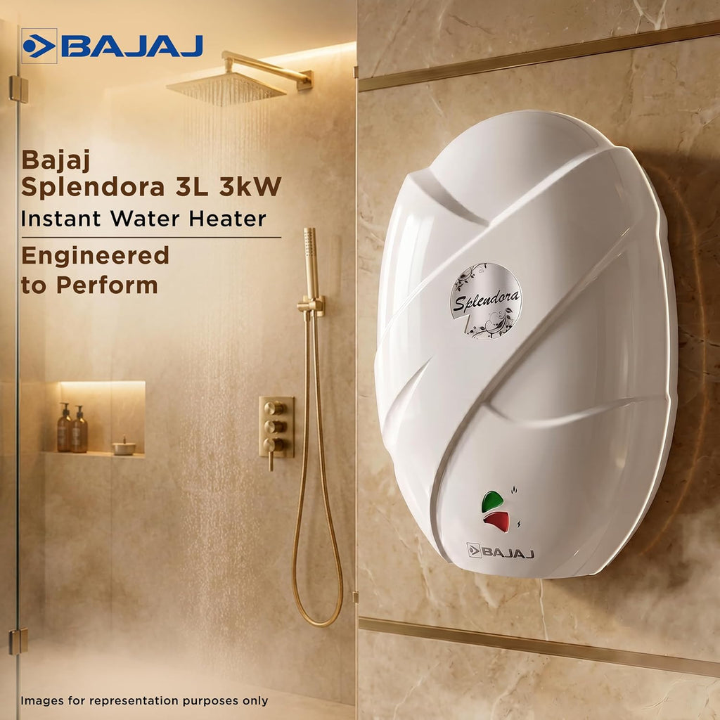 Bajaj Splendora 3L 3KW Vertical Instant Water Heater for Home | Geyser for Bathroom & Kitchen | High Grade SS Tank | Copper Heating Element | 5 Years Tank Warranty by Bajaj【White】