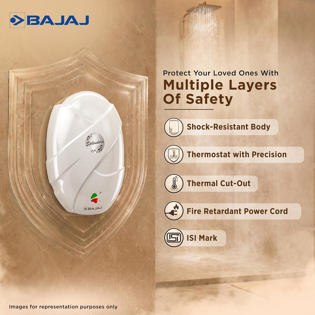 Bajaj Splendora 3L 3KW Vertical Instant Water Heater for Home | Geyser for Bathroom & Kitchen | High Grade SS Tank | Copper Heating Element | 5 Years Tank Warranty by Bajaj【White】