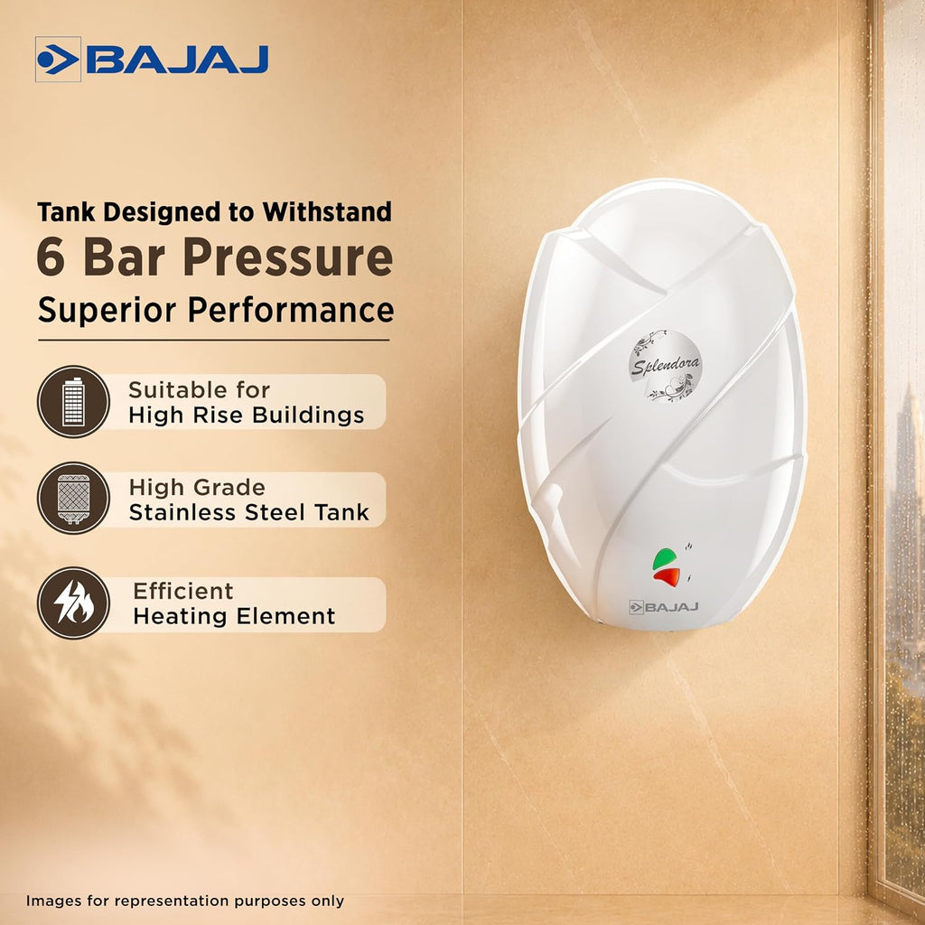 Bajaj Splendora 3L 3KW Vertical Instant Water Heater for Home | Geyser for Bathroom & Kitchen | High Grade SS Tank | Copper Heating Element | 5 Years Tank Warranty by Bajaj【White】