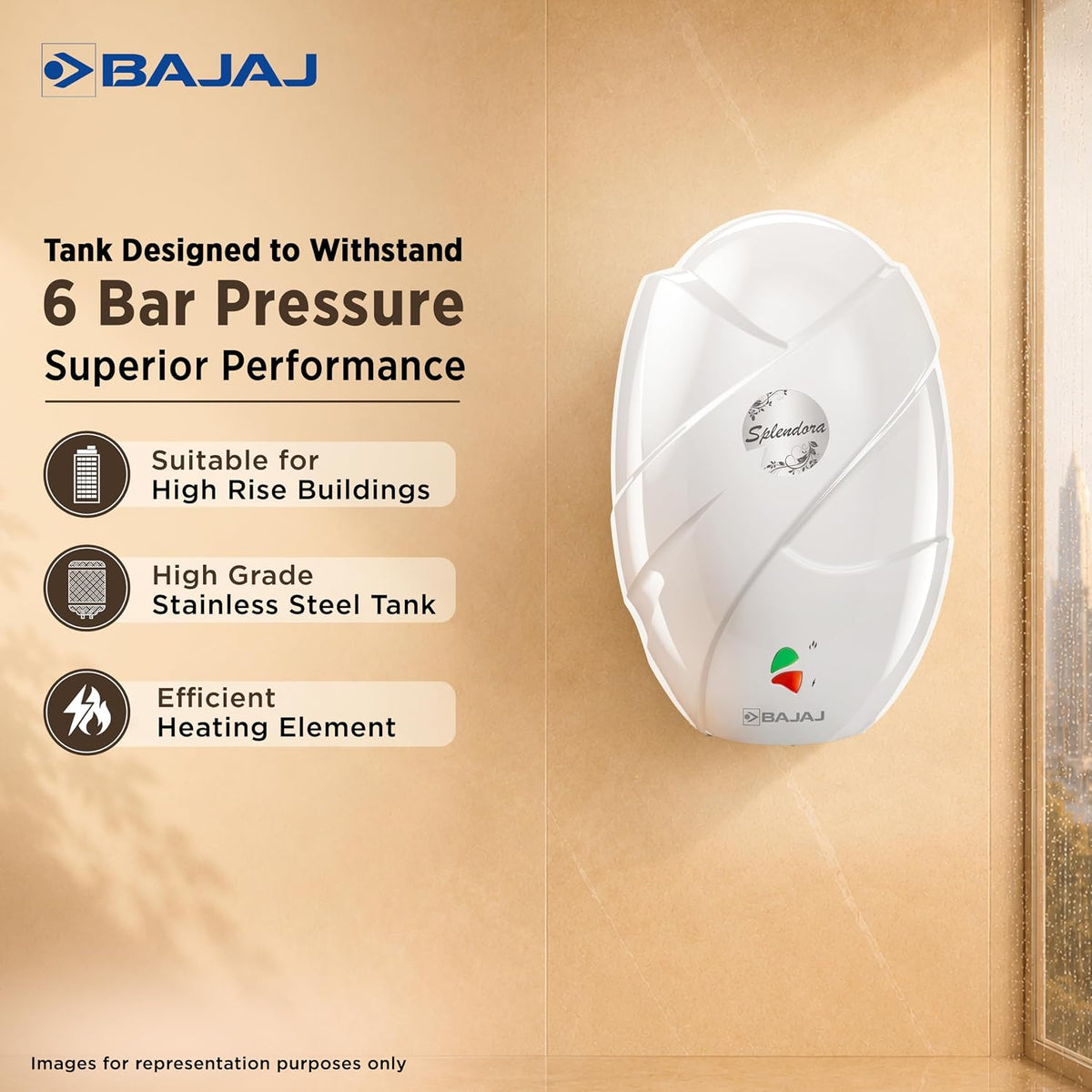 Bajaj Splendora 3L 3KW Vertical Instant Water Heater for Home | Geyser for Bathroom & Kitchen | High Grade SS Tank | Copper Heating Element | 5 Years Tank Warranty by Bajaj【White】