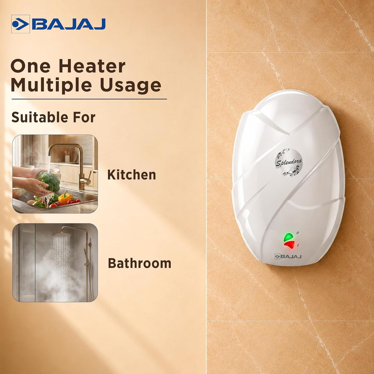 Bajaj Splendora 3L 3KW Vertical Instant Water Heater for Home | Geyser for Bathroom & Kitchen | High Grade SS Tank | Copper Heating Element | 5 Years Tank Warranty by Bajaj【White】