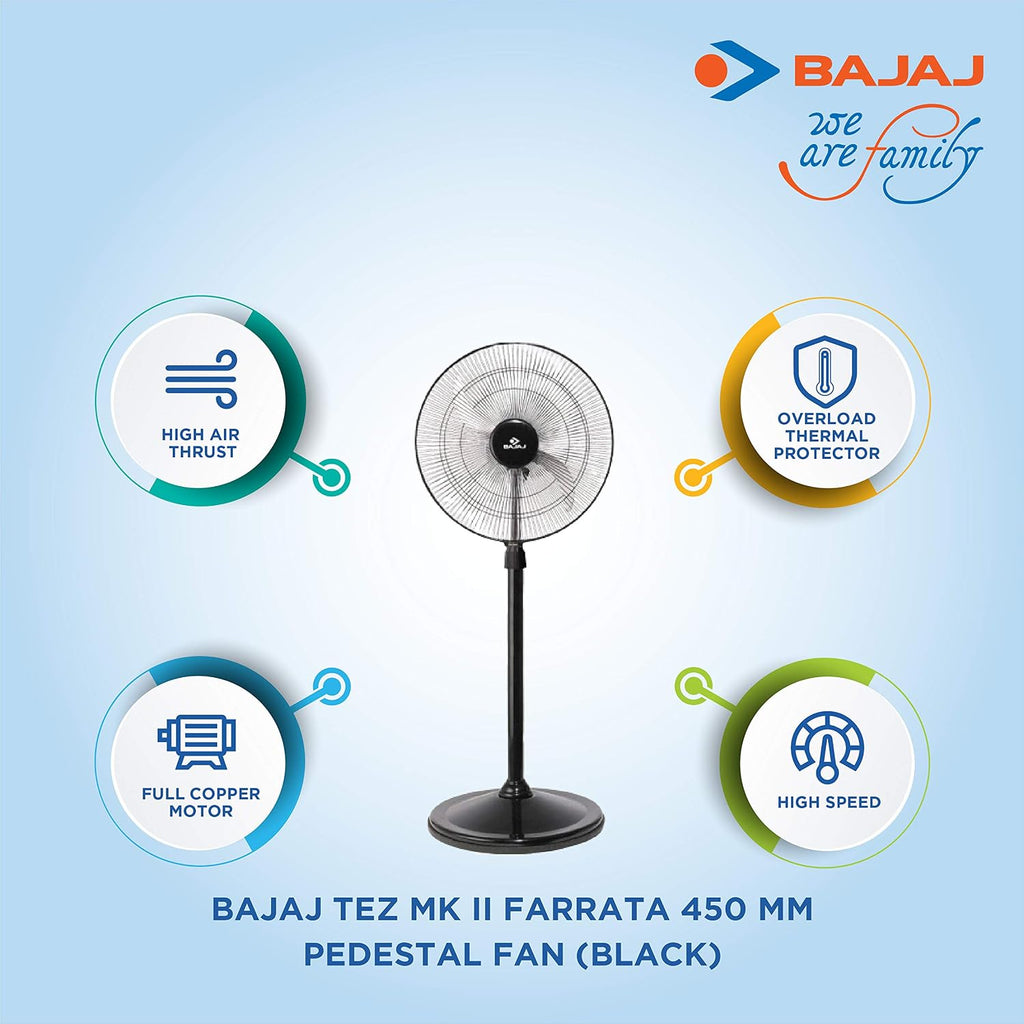 Bajaj Tez MK II Farrata 450 MM Pedestal Fan for Home | High Air Thrust | High Speed | Overload Thermal Protector | Full Copper Motor | 2 Yrs Warranty 【Black】