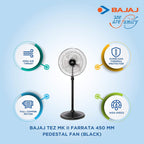 Bajaj Tez MK II Farrata 450 MM Pedestal Fan for Home | High Air Thrust | High Speed | Overload Thermal Protector | Full Copper Motor | 2 Yrs Warranty 【Black】