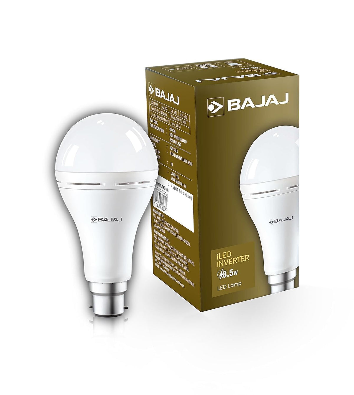 Bajaj iLED 8.5W Rechargeable Emergency Inverter LED Bulb | Cool Day Light | Upto 4 Hours Battery | B22D | (Pack of 1, White)