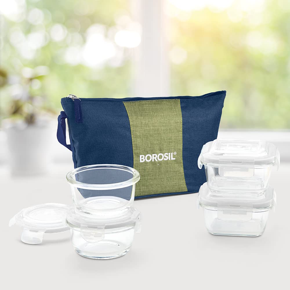 Borosil Ace Daisy Lunchbox | 4pc (320ml x 2 Square + 240ml x 2 Round) Container Set