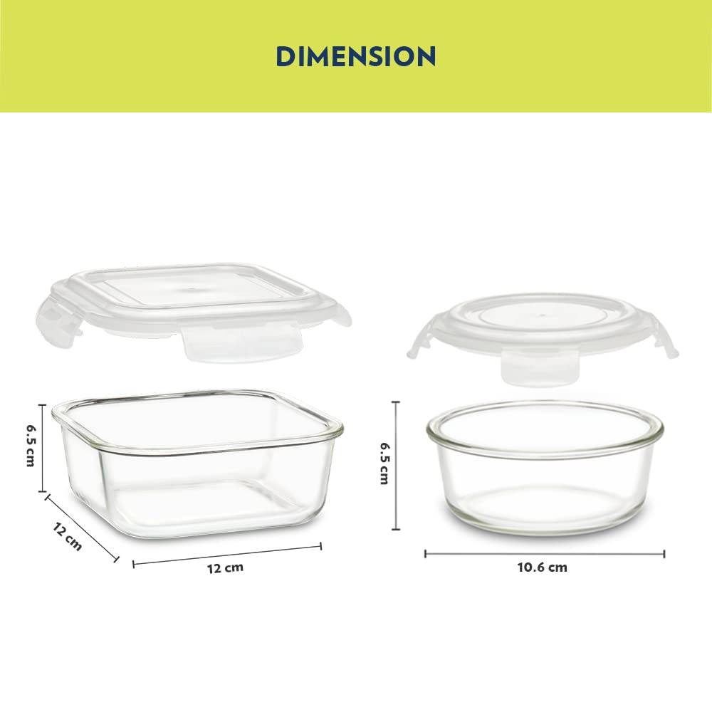 Borosil Ace Daisy Lunchbox | 4pc (320ml x 2 Square + 240ml x 2 Round) Container Set