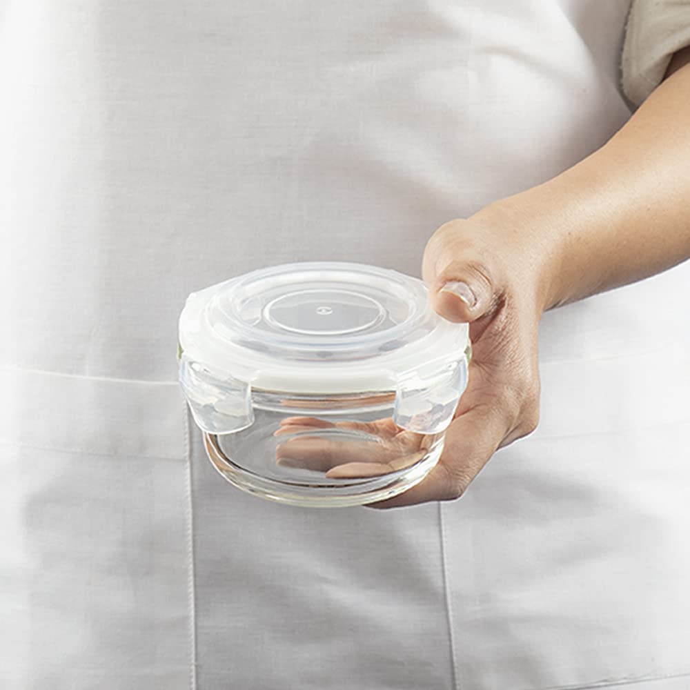 Borosil Ace Daisy Lunchbox | 4pc (320ml x 2 Square + 240ml x 2 Round) Container Set