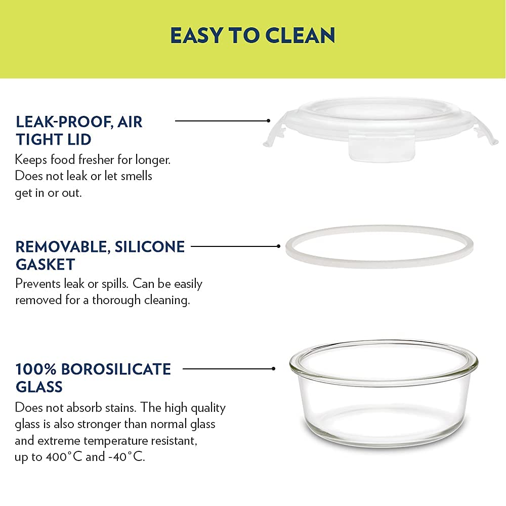 Borosil Ace Daisy Lunchbox | 4pc (320ml x 2 Square + 240ml x 2 Round) Container Set