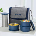 Borosil Carrymore Microwavable Stainless Steel Lunchbox with Bag | 4pc Set (300ml x 3 Round Container + 500ml x 1 Tumbler)