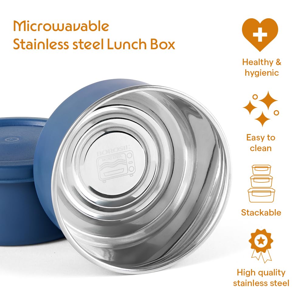 Borosil Carrymore Microwavable Stainless Steel Lunchbox with Bag | 4pc Set (300ml x 3 Round Container + 500ml x 1 Tumbler)