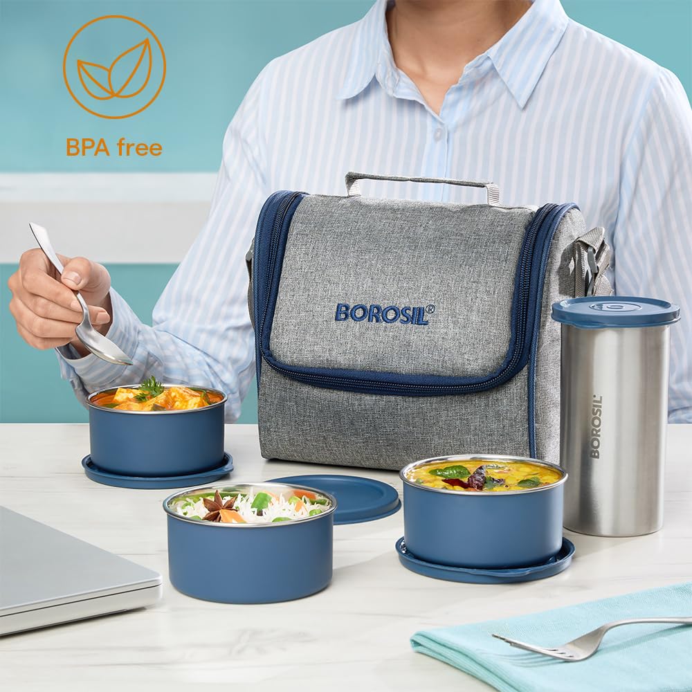 Borosil Carrymore Microwavable Stainless Steel Lunchbox with Bag | 4pc Set (300ml x 3 Round Container + 500ml x 1 Tumbler)