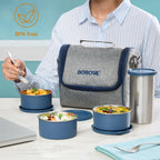 Borosil Carrymore Microwavable Stainless Steel Lunchbox with Bag | 4pc Set (300ml x 3 Round Container + 500ml x 1 Tumbler)