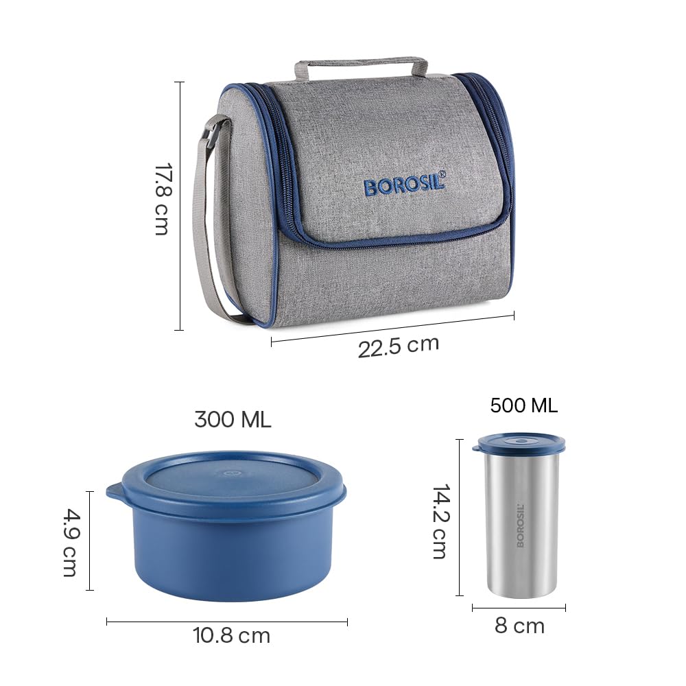 Borosil Carrymore Microwavable Stainless Steel Lunchbox with Bag | 4pc Set (300ml x 3 Round Container + 500ml x 1 Tumbler)
