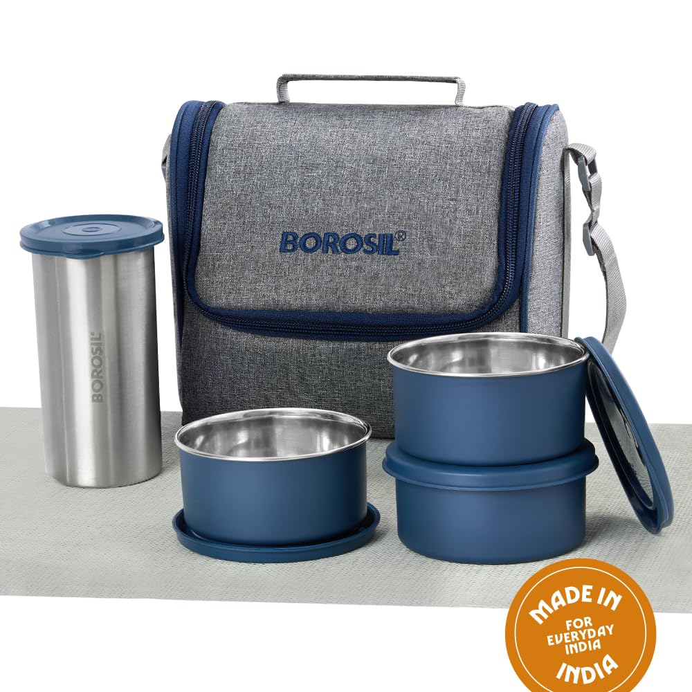 Borosil Carrymore Microwavable Stainless Steel Lunchbox with Bag | 4pc Set (300ml x 3 Round Container + 500ml x 1 Tumbler)