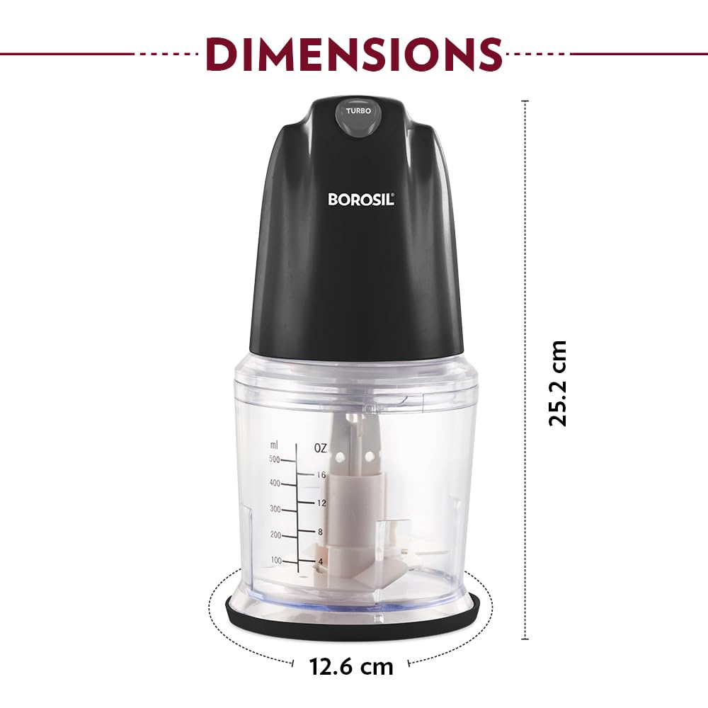 Borosil Chef Delite 260 Watts Electric Chopper for Kitchen, Twin Blade Technology, 500 ml