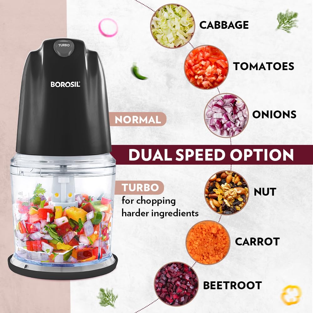 Borosil Chef Delite 260 Watts Electric Chopper for Kitchen, Twin Blade Technology, 500 ml