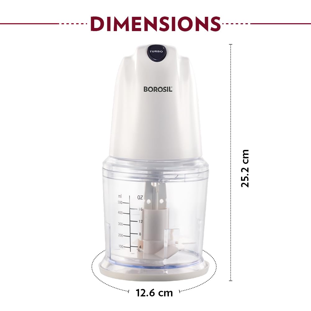 Borosil Chef Delite 260 Watts Electric Chopper for Kitchen, Twin Blade Technology, 500 ml
