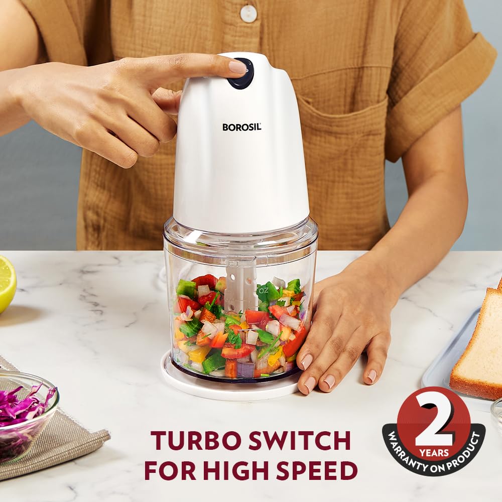 Borosil Chef Delite 260 Watts Electric Chopper for Kitchen, Twin Blade Technology, 500 ml