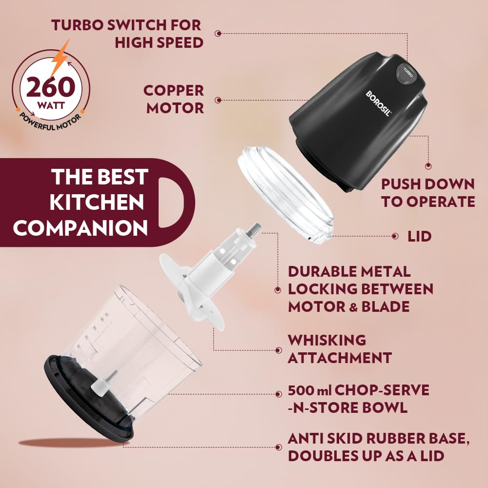Borosil Chef Delite 260 Watts Electric Chopper for Kitchen, Twin Blade Technology, 500 ml