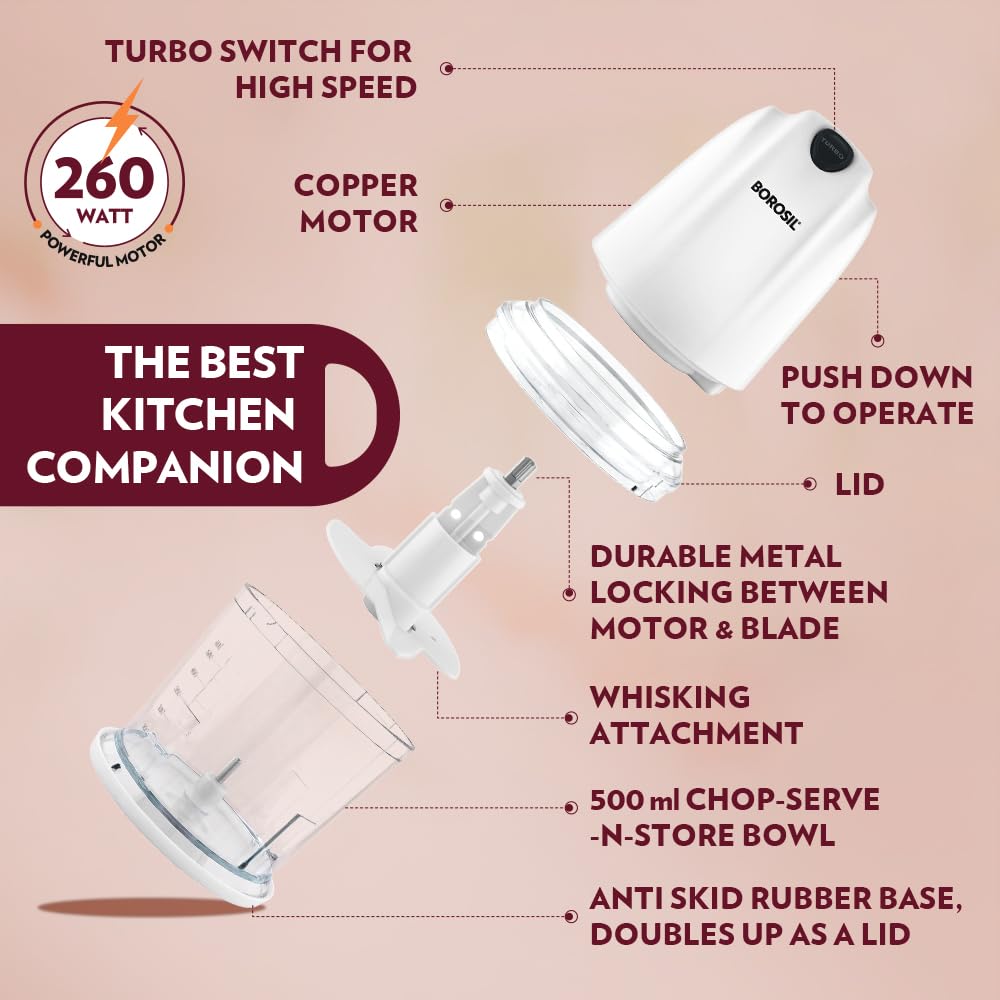 Borosil Chef Delite 260 Watts Electric Chopper for Kitchen, Twin Blade Technology, 500 ml