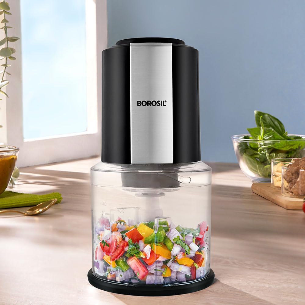 Borosil Chef Delite 300 Watts Electric Chopper for Kitchen, Twin Blade Technology, 600 ml