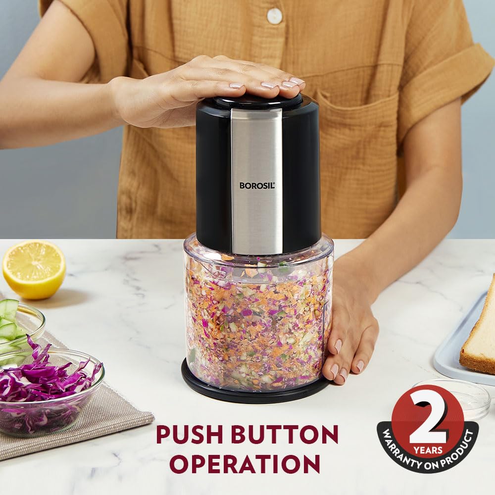 Borosil Chef Delite 300 Watts Electric Chopper for Kitchen, Twin Blade Technology, 600 ml