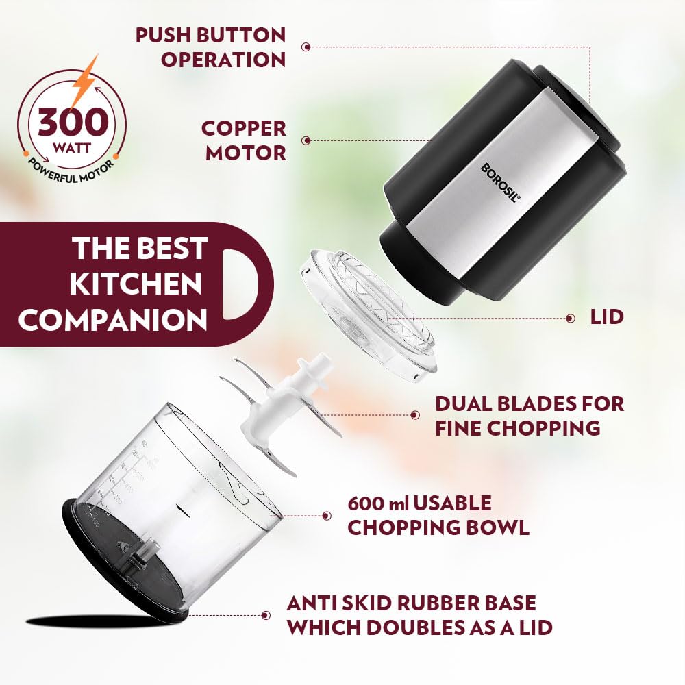 Borosil Chef Delite 300 Watts Electric Chopper for Kitchen, Twin Blade Technology, 600 ml