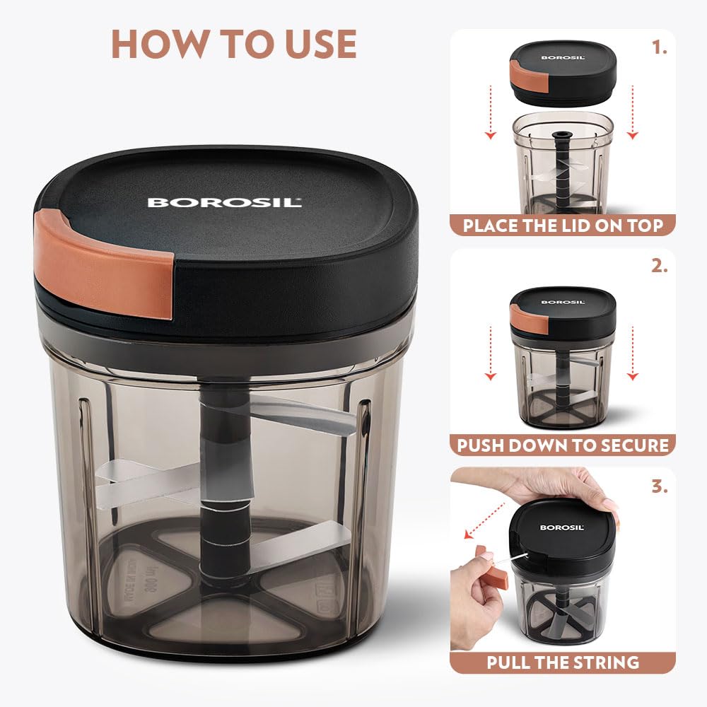 Borosil EazyPull Chopper with 6 Blades 900 ml Chopping Bowl