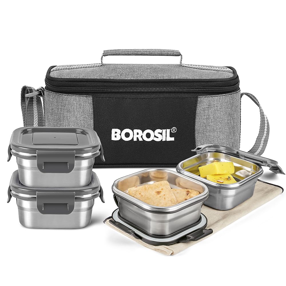 Borosil Feast Stainless Steel Lunch Box with Bag | 4pc Square Set (400ml Each)
