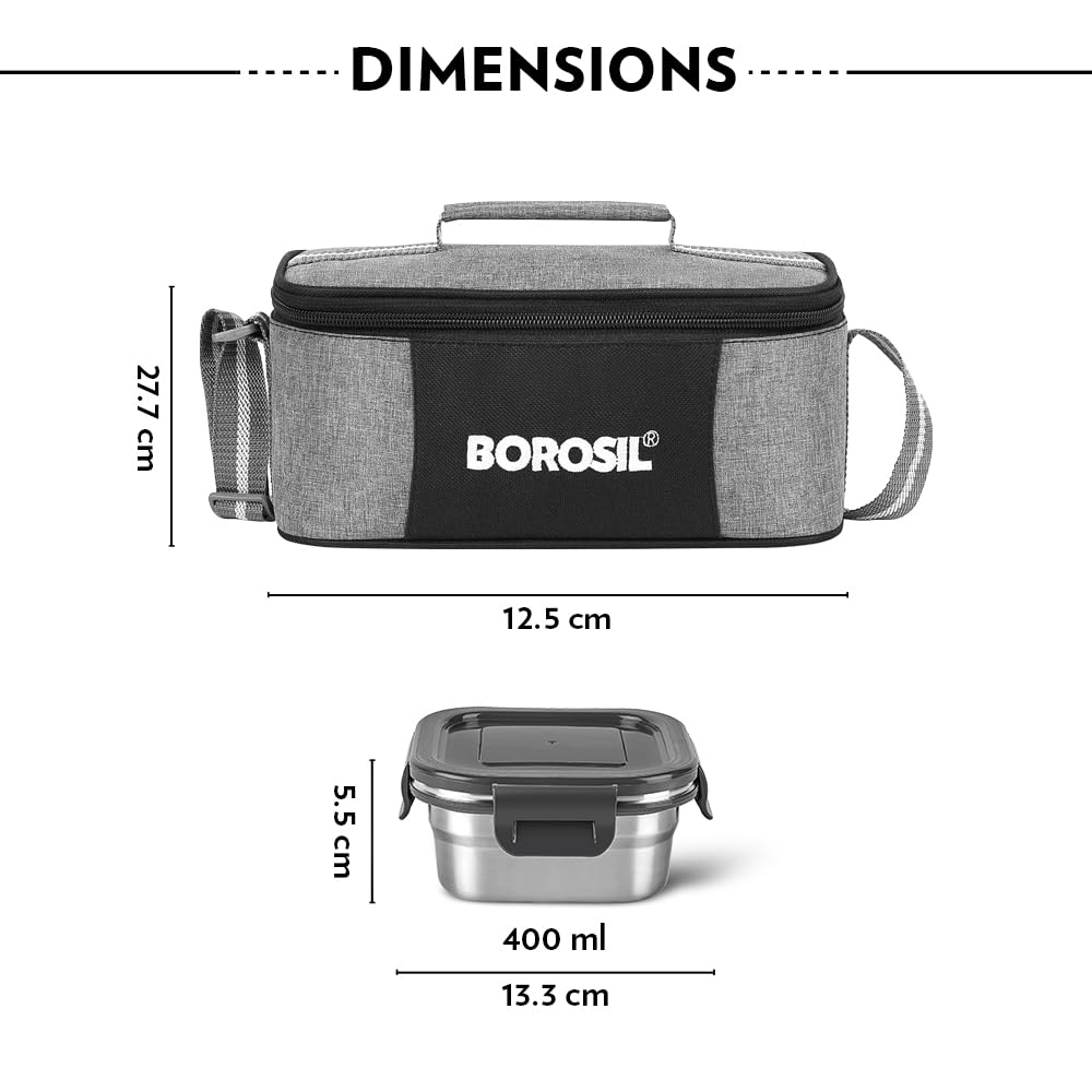 Borosil Feast Stainless Steel Lunch Box with Bag | 4pc Square Set (400ml Each)