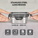 Borosil Feast Stainless Steel Lunch Box with Bag | 4pc Square Set (400ml Each)