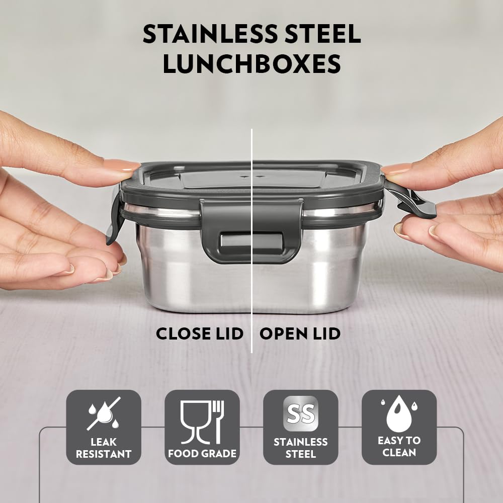 Borosil Feast Stainless Steel Lunch Box with Bag | 4pc Square Set (400ml Each)