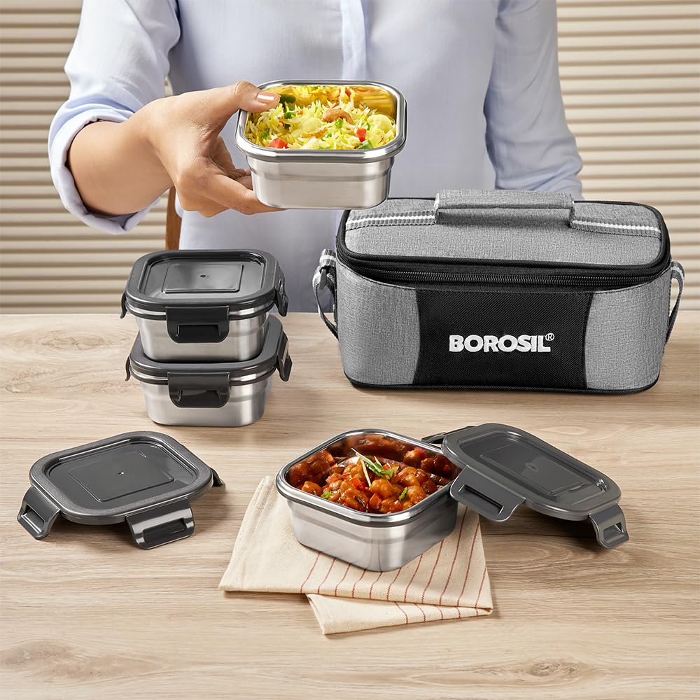 Borosil Feast Stainless Steel Lunch Box with Bag | 4pc Square Set (400ml Each)