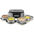 Borosil Feast Stainless Steel Lunch Box with Bag | 4pc Square Set (400ml Each)