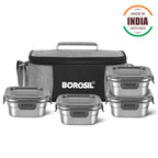 Borosil Feast Stainless Steel Lunch Box with Bag | 4pc Square Set (400ml Each)