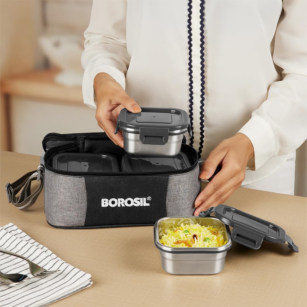 Borosil Feast Stainless Steel Lunch Box with Bag | 4pc Square Set (400ml Each)