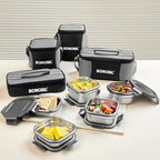 Borosil Feast Stainless Steel Lunch Box with Bag | 4pc Square Set (400ml Each)