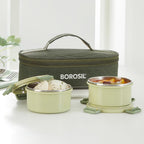 Borosil Glory Green Stainless Steel Lunchbox with Bag | 2 pcs Container Set (280 ml Each)
