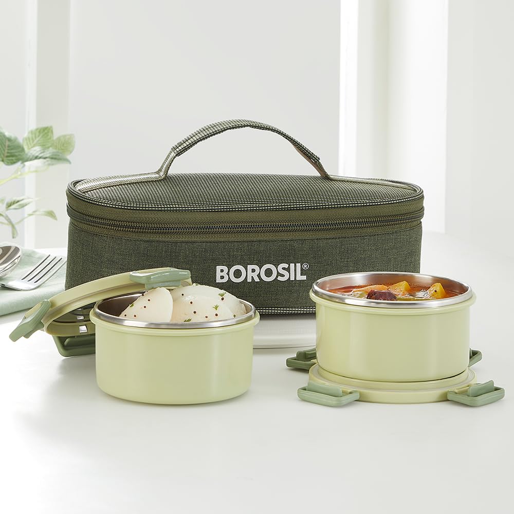 Borosil Glory Green Stainless Steel Lunchbox with Bag | 2 pcs Container Set (280 ml Each)