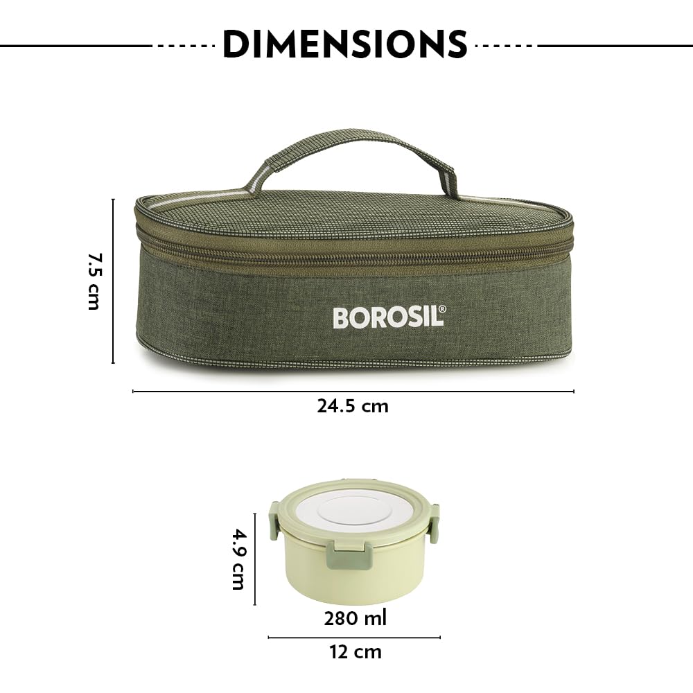 Borosil Glory Green Stainless Steel Lunchbox with Bag | 2 pcs Container Set (280 ml Each)