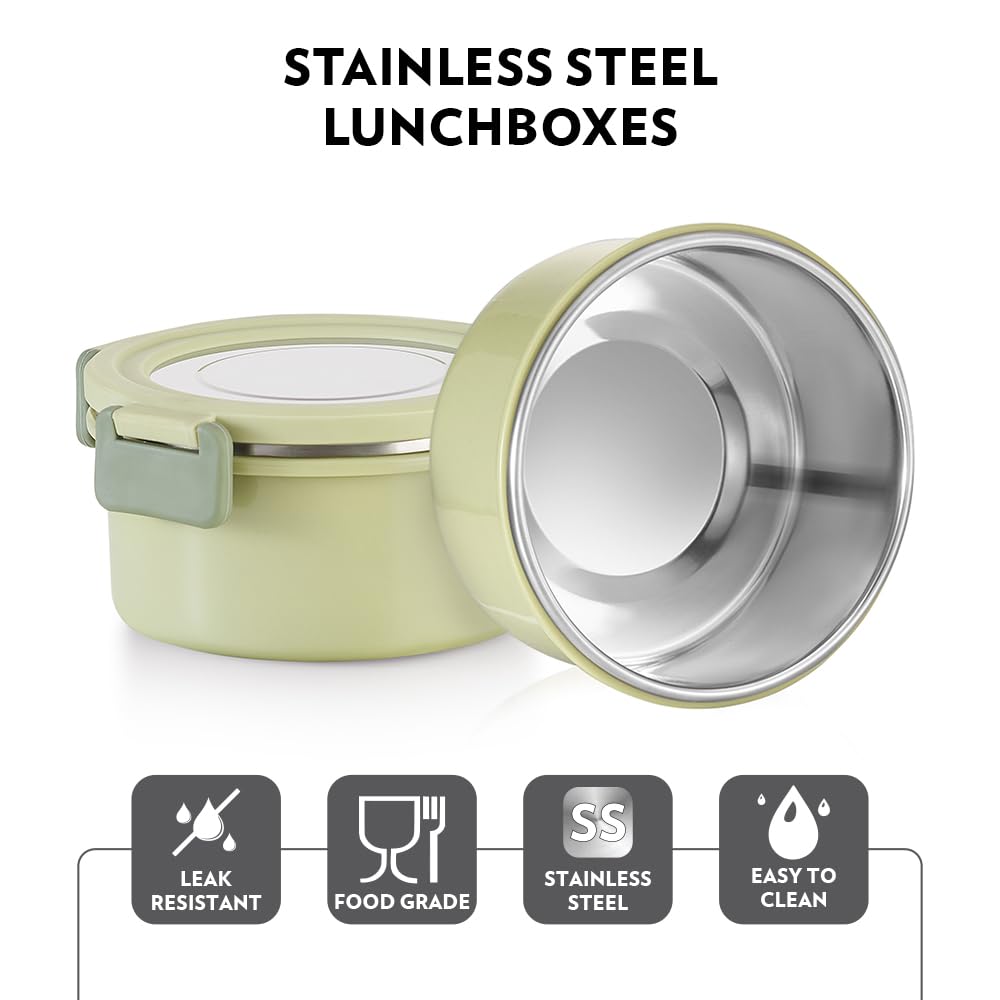 Borosil Glory Green Stainless Steel Lunchbox with Bag | 2 pcs Container Set (280 ml Each)
