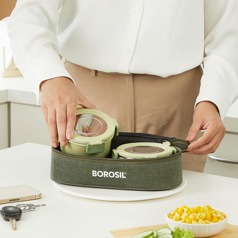 Borosil Glory Green Stainless Steel Lunchbox with Bag | 2 pcs Container Set (280 ml Each)