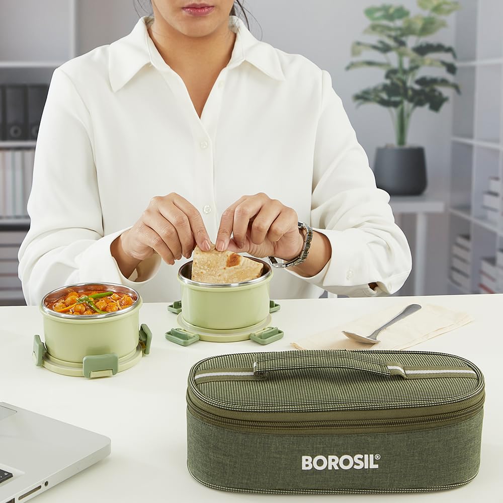 Borosil Glory Green Stainless Steel Lunchbox with Bag | 2 pcs Container Set (280 ml Each)