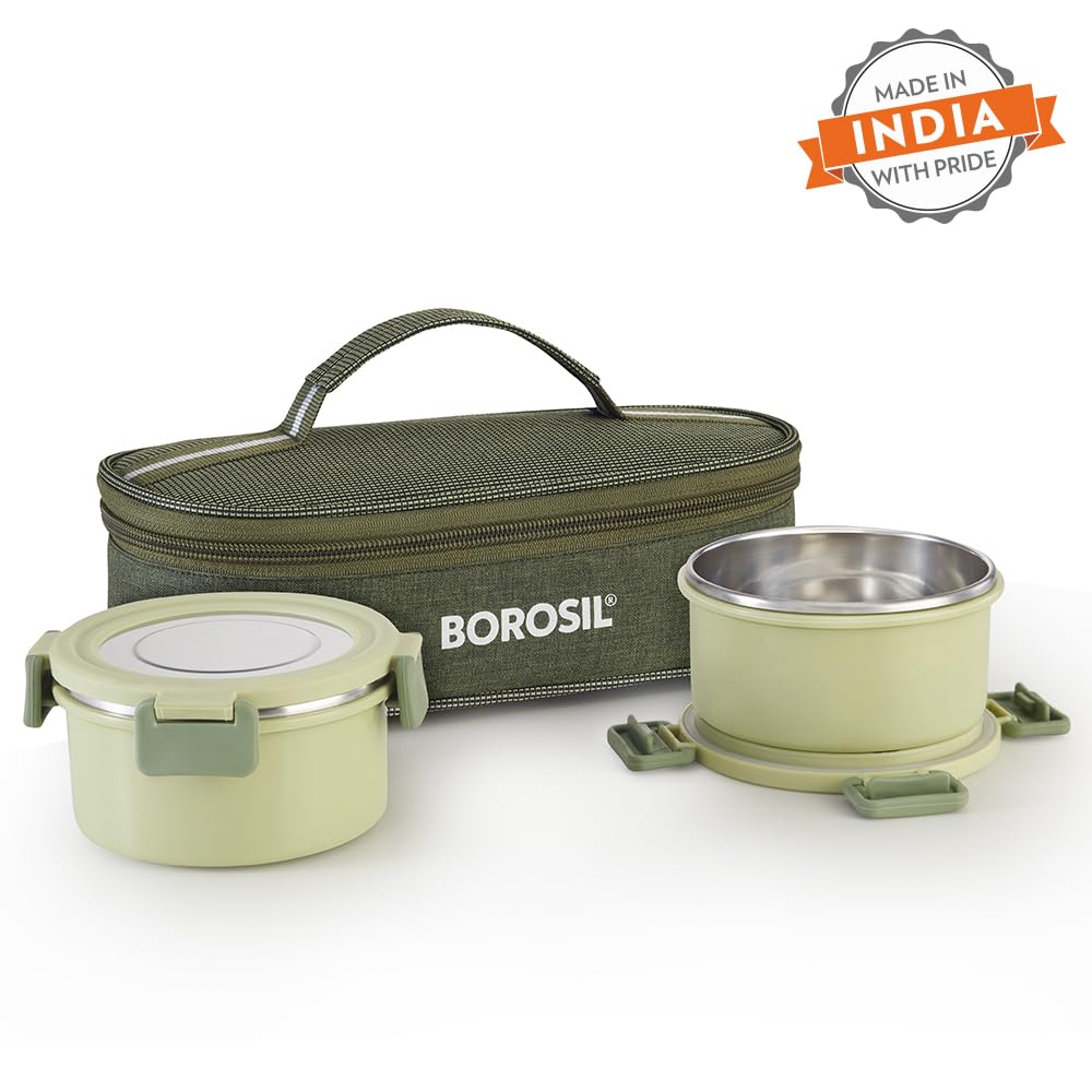 Borosil Glory Green Stainless Steel Lunchbox with Bag | 2 pcs Container Set (280 ml Each)