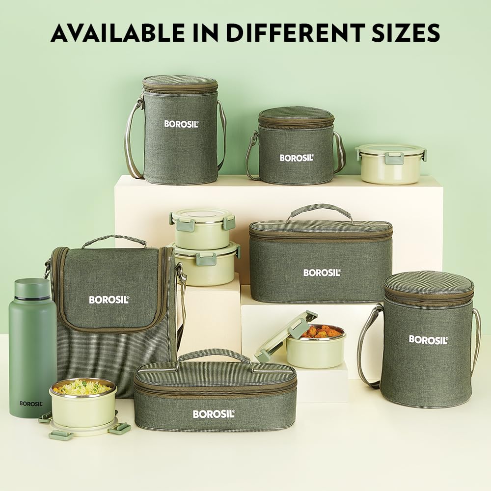 Borosil Glory Green Stainless Steel Lunchbox with Bag | 2 pcs Container Set (280 ml Each)