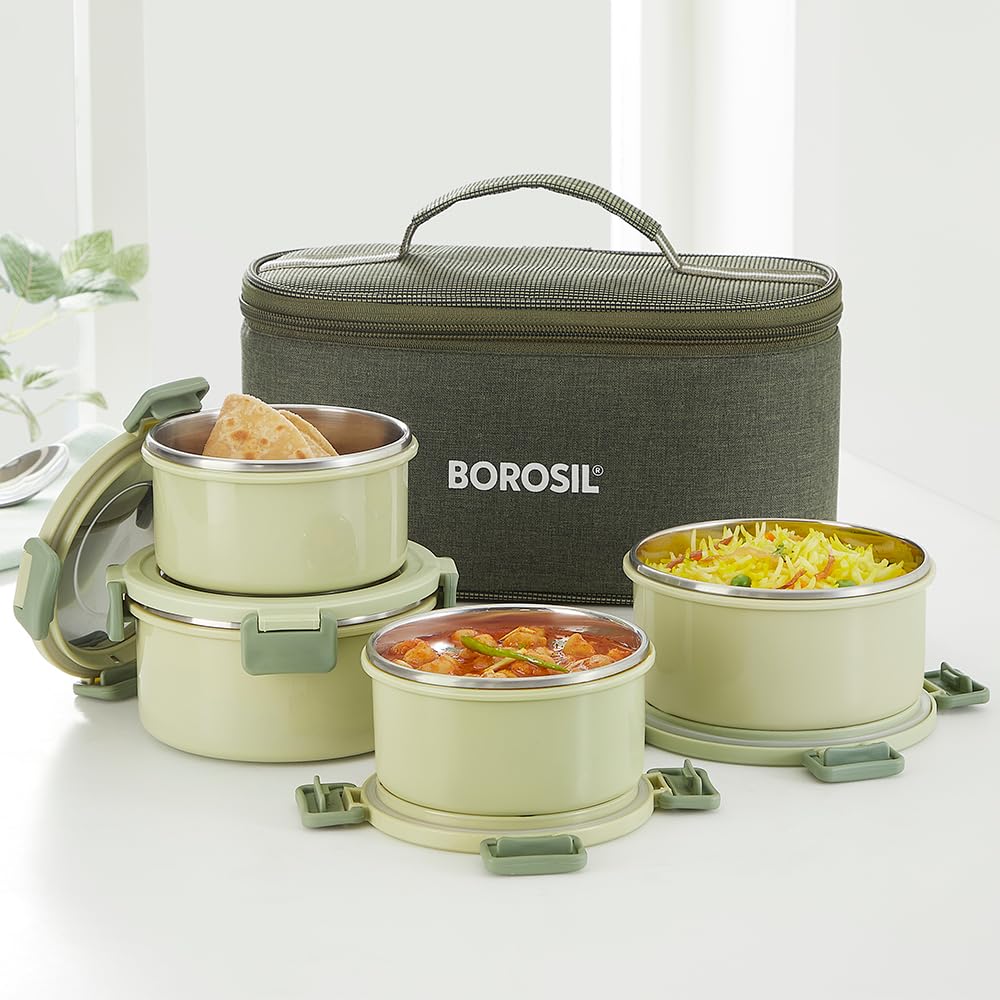 Borosil Glory Green Stainless Steel Lunchbox with Bag | 4 pcs Set (460 ml x 2 + 280 ml x 2)