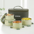 Borosil Glory Green Stainless Steel Lunchbox with Bag | 4 pcs Set (460 ml x 2 + 280 ml x 2)